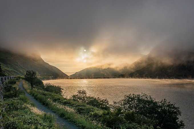 A beautiful sunrise over Caban Dam at Elan Valley, Mid Wales.